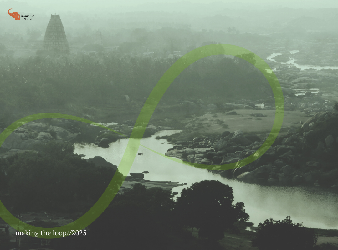 Sustainable Travel 12 An advertisement for "Immerse India" tours, featuring a scenic view of Hampi, a UNESCO World Heritage Site in Karnataka, India.