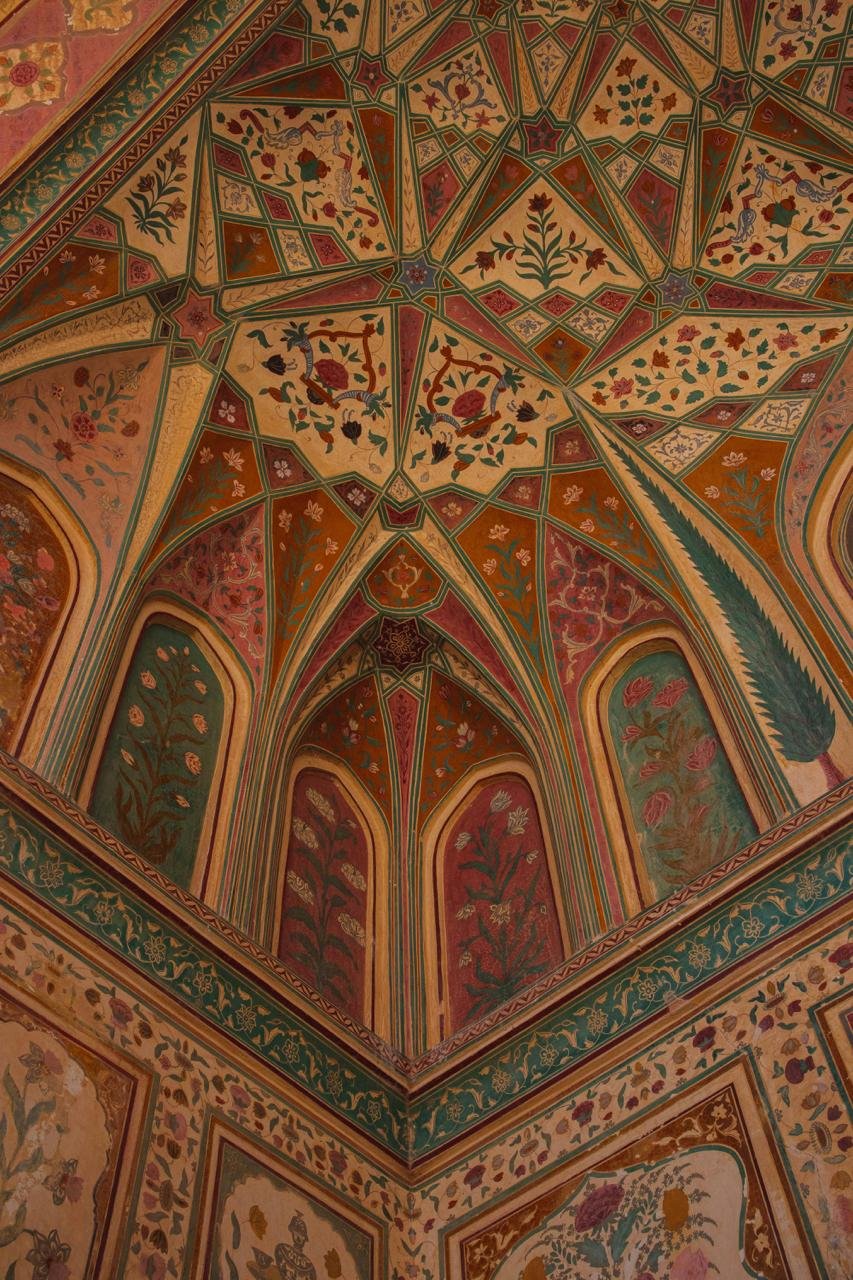 The ceiling that makes you forget to look down. Sheesh Mahal, Amber Fort.