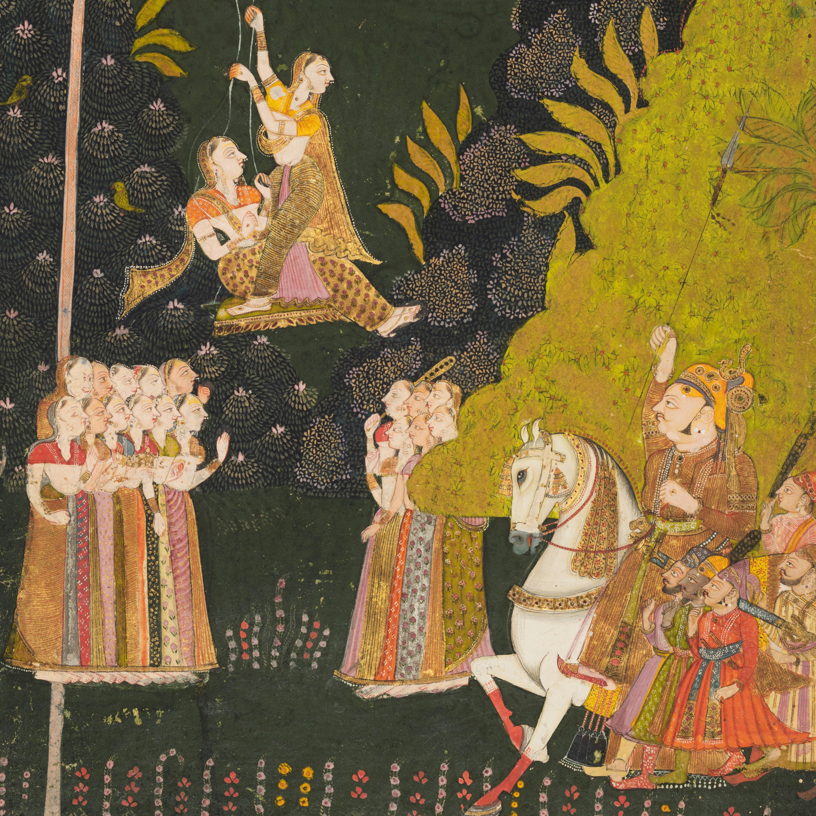 The women on the swing are not a modern invention. Rajput court painters were setting down this same monsoon scene in gold and ink centuries ago, peacocks, dark wet trees and all.