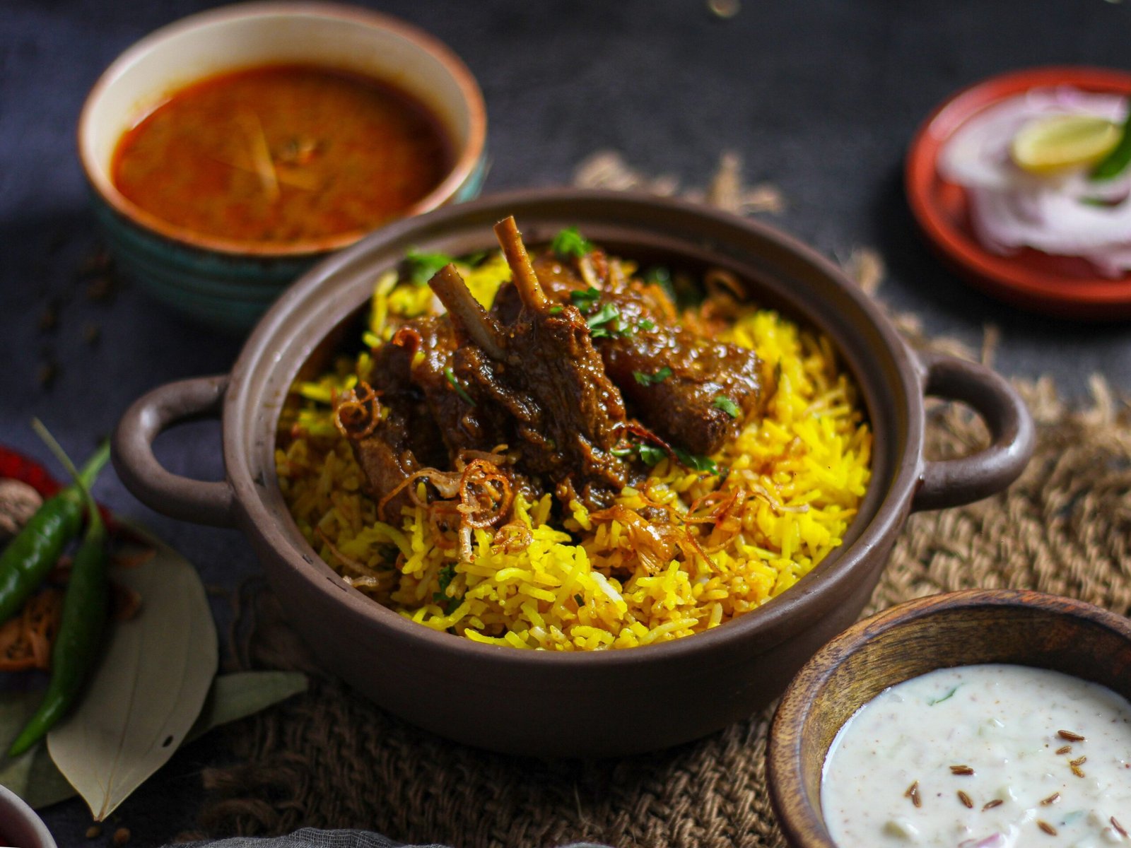 A pot of saffron biryani served with raita and salan, a regional Indian food staple