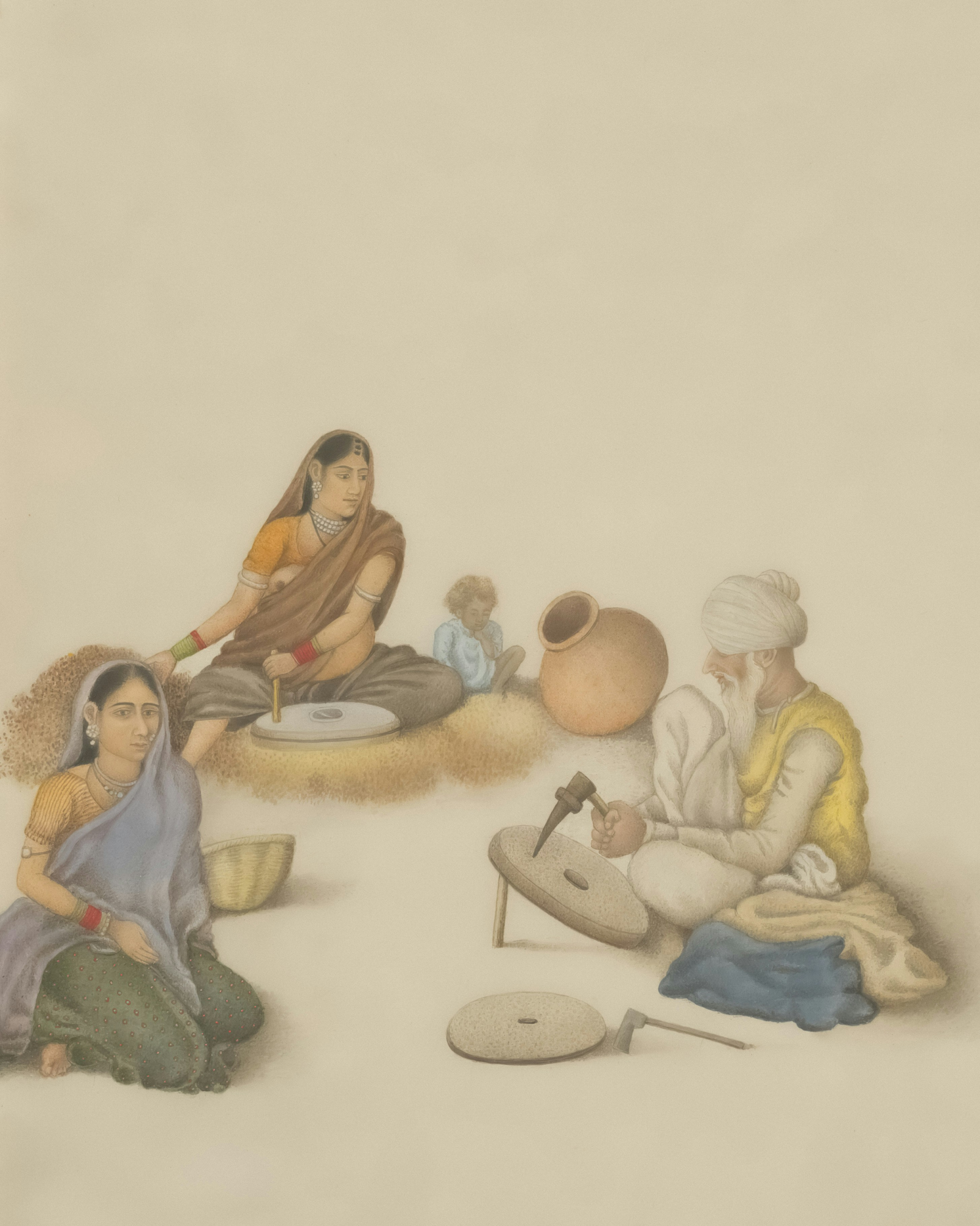 Old-style miniature painting depicting grain being ground by hand for a traditional Indian meal